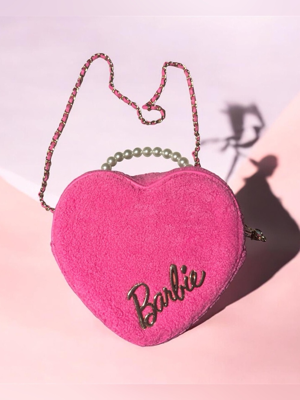 Barbie Heart Figural Crossbody Bag Pink Fuzzy Plush Gold Logo
